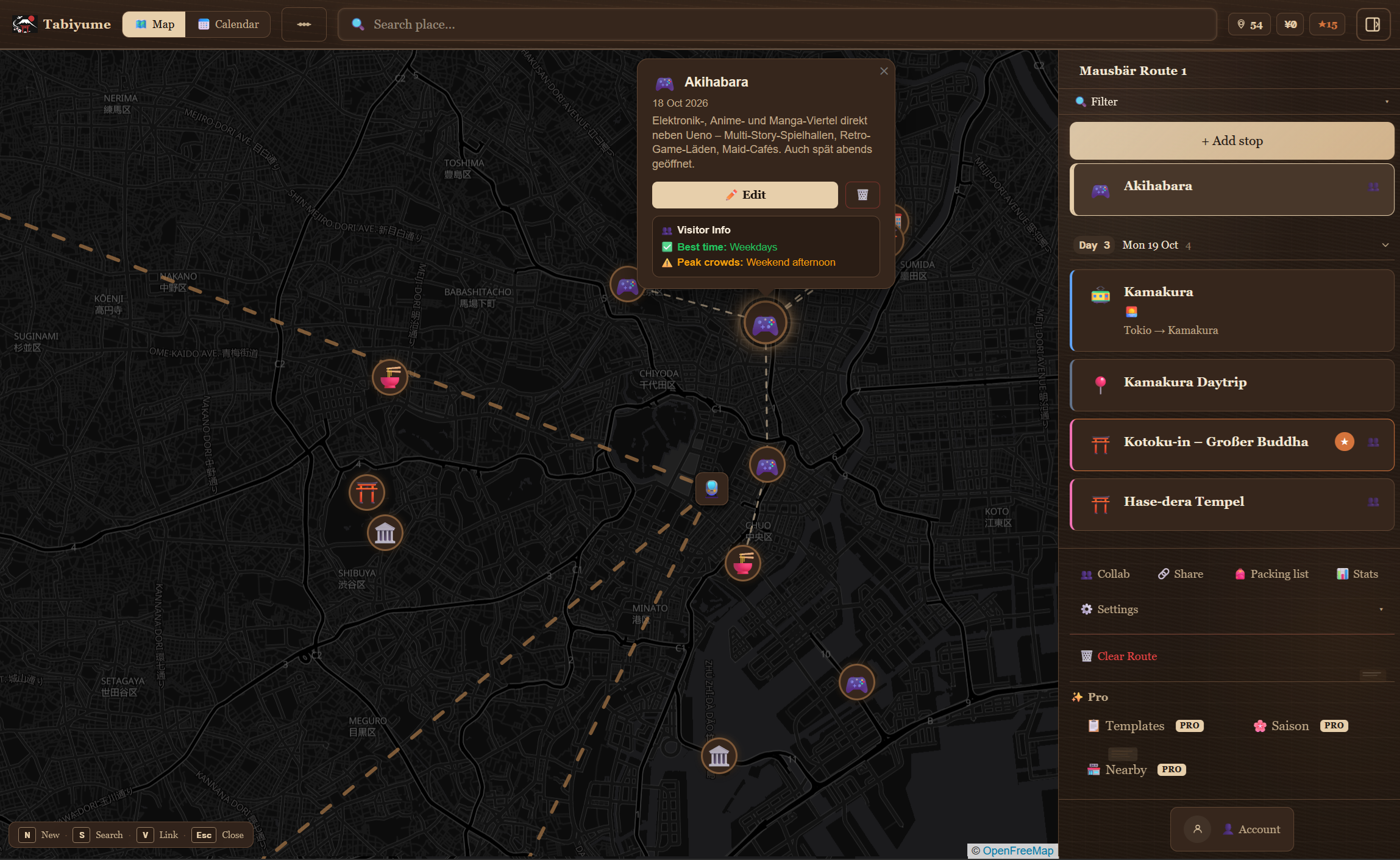 Tabiyume App – interactive map with pins and sidebar